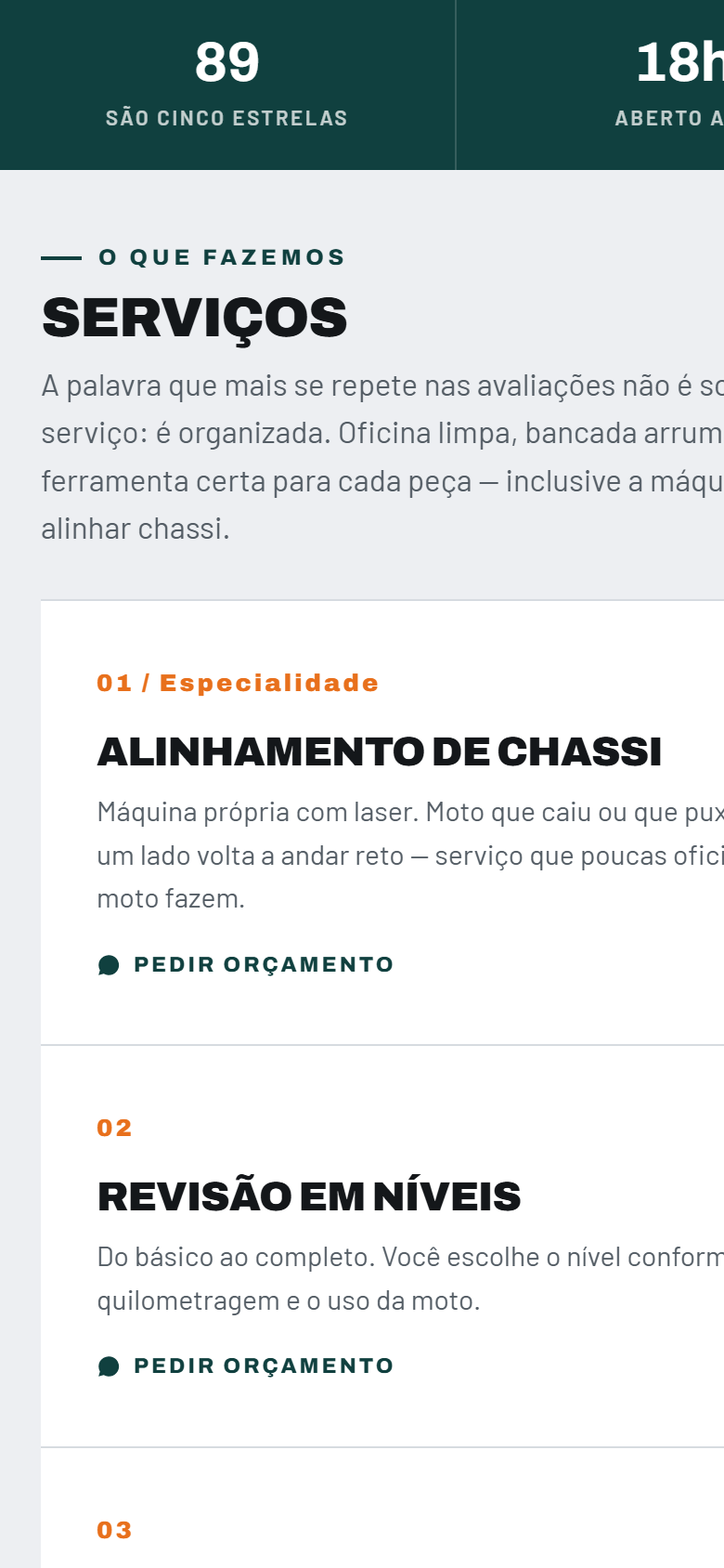 Tela de um site de oficina de motos, mostrando a lista de serviços