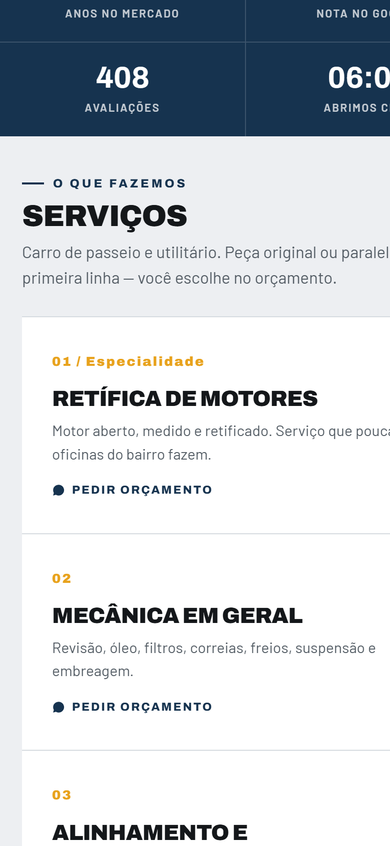 Tela de um site de oficina mecânica, mostrando a lista de serviços